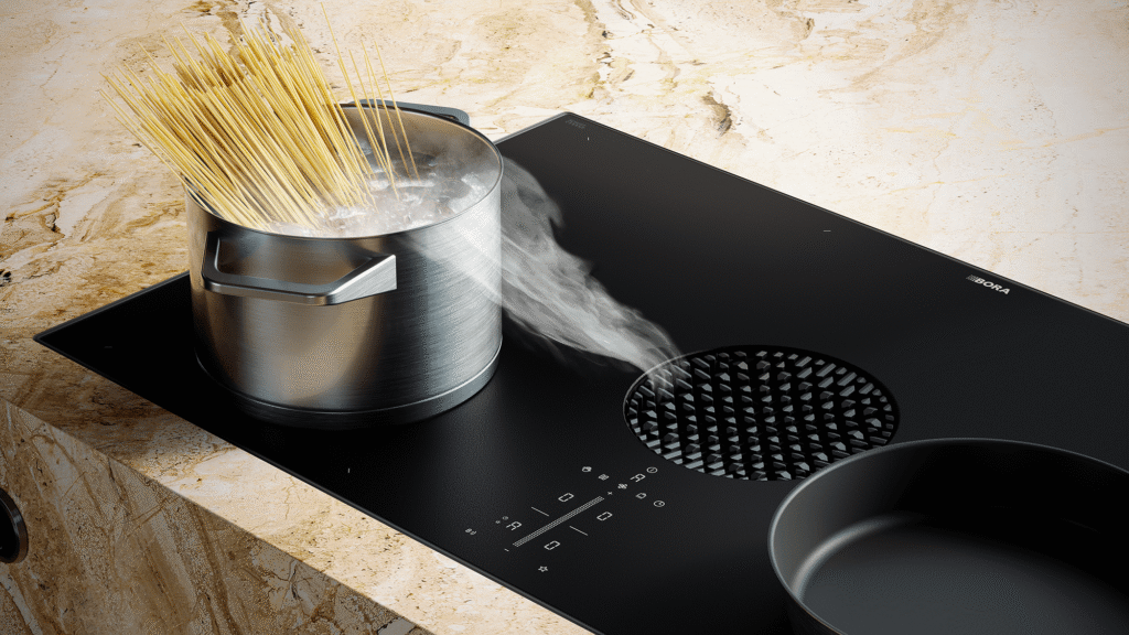 Bora X Pure kookplaat met geïntegreerde afzuiging in een strak gerestylde keuken
